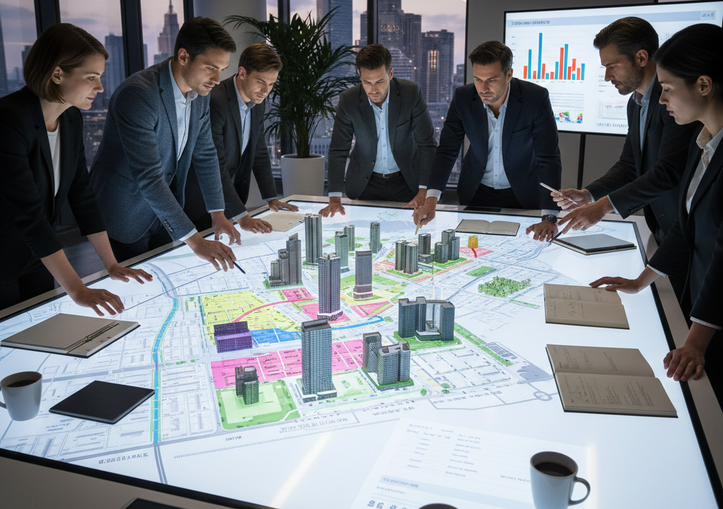 Masterplanning team reviewing integrated spatial scenarios, infrastructure analysis, and stakeholder comparison outputs